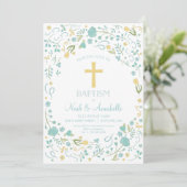 Baptisme Invitation - Gender Neutral Cross, Flower Kaart (Staand voorkant)
