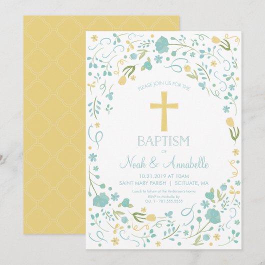 Baptisme Invitation - Gender Neutral Cross, Flower Kaart (Voorkant / Achterkant)