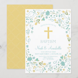 Baptisme Invitation - Gender Neutral Cross, Flower Kaart