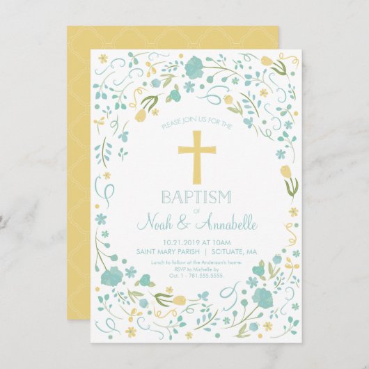 Baptisme Invitation - Gender Neutral Cross, Flower Kaart (Voorkant / Achterkant)