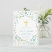 Baptisme Invitation - Gender Neutral Cross, Flower Kaart (Staand voorkant)
