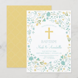 Baptisme Invitation - Gender Neutral Cross, Flower Kaart