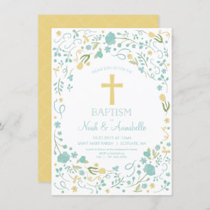 Baptisme Invitation - Gender Neutral Cross, Flower Kaart