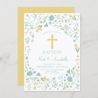 Baptisme Invitation - Gender Neutral Cross, Flower Kaart
