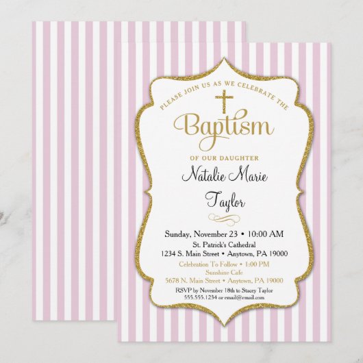 Baptisme Invitation Girls Pink Gold Elegant Kaart (Voorkant / Achterkant)