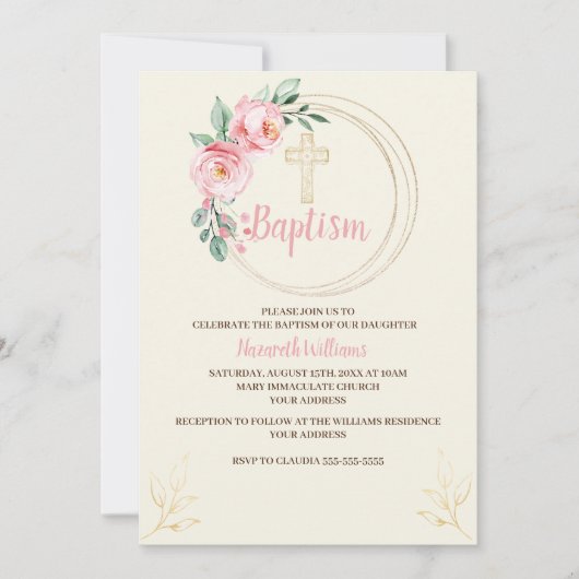 Baptisme Invitation Sjabloon, Blush Pink Floral Kaart (Voorkant)