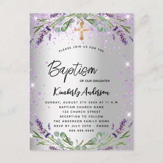 Baptisme lavender violet uitnodiging briefkaart (Voorkant)