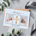 Baptisme lichtblauw fotoscript baby boy bedankkaart<br><div class="desc">Voeg 2 of 3 van uw eigen foto's en een dankjewel nota toe. Een klassieke lichtblauwe achtergrond met zwarte tekst en lijst. De tekst: Dank u op de voorzijde en uw namen op de achterzijde worden geschreven met een stijlvol,  met de hand geschreven schrift met een swashes.</div>