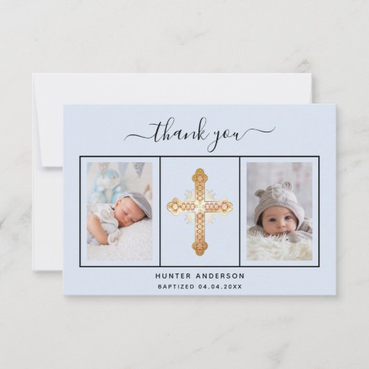 Baptisme lichtblauw fotoscript baby boy bedankkaart (Voorkant)