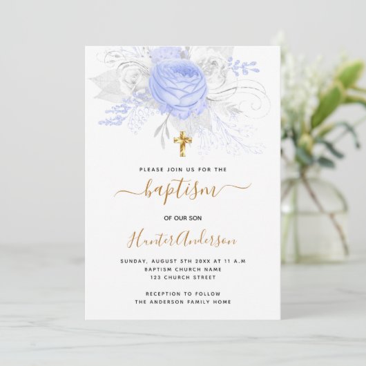 Baptisme lichtblauwe bloemenjongen elegant wit kaart (Staand voorkant)