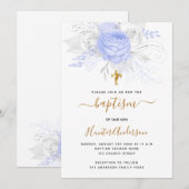 Baptisme lichtblauwe bloemenjongen elegant wit kaart (Voorkant / Achterkant)