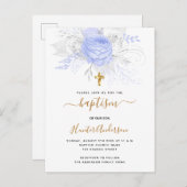 Baptisme lichtblauwe bloemenjongen elegant wit uitnodiging briefkaart (Voorkant / Achterkant)
