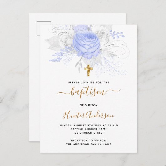 Baptisme lichtblauwe bloemenjongen elegant wit uitnodiging briefkaart (Voorkant / Achterkant)
