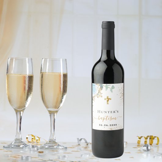 Baptisme lichtblauwe florale jongen naam gouden kr wijn etiket