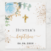Baptisme lichtblauwe florale jongen naam gouden kr wijn etiket (Enkel label)