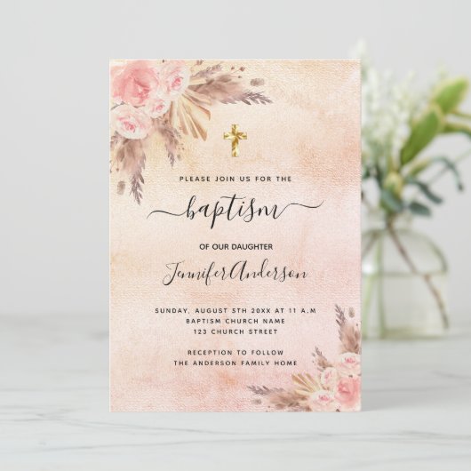 Baptisme meisje boho pampas gras goudroze roos kaart (Staand voorkant)