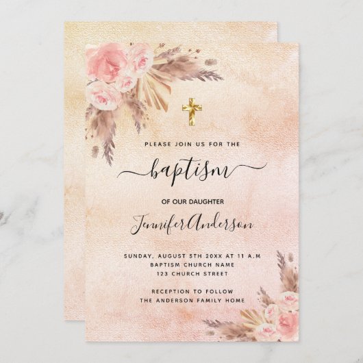 Baptisme meisje boho pampas gras goudroze roos kaart (Voorkant / Achterkant)