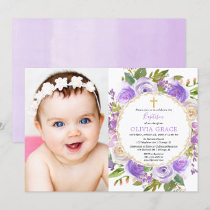 Baptisme meisje floral paars lavender lila foto kaart