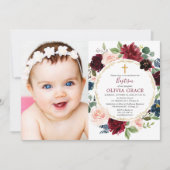 Baptisme meisje met burgundy blush blauw goudfoto kaart (Voorkant)