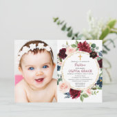 Baptisme meisje met burgundy blush blauw goudfoto kaart (Staand voorkant)