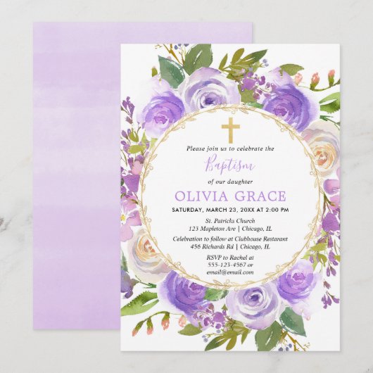 Baptisme meisje met paarse lavendel lila kaart (Voorkant / Achterkant)