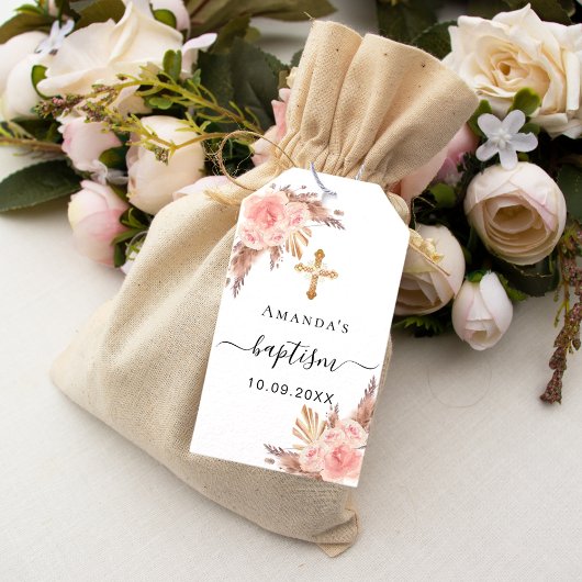 Baptisme meisje pampas gras blush roos bedankt cadeaulabel