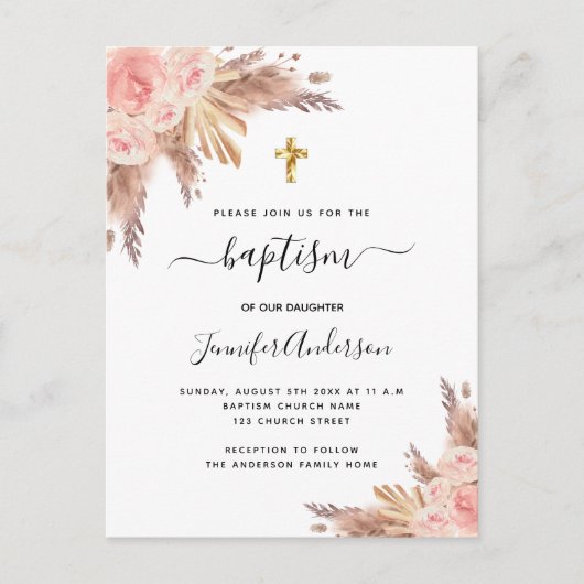Baptisme meisje pampas gras roos goudbruin roze uitnodiging briefkaart (Voorkant)