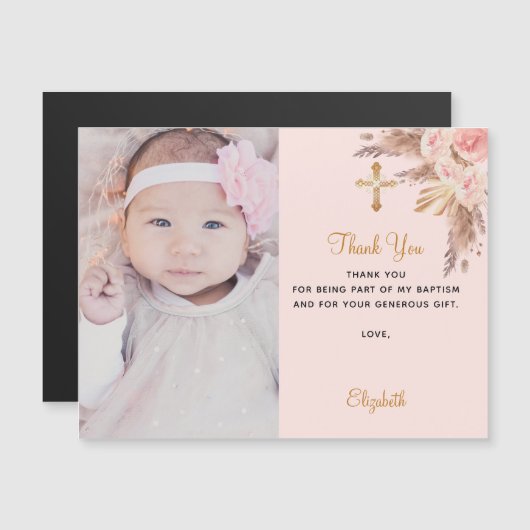 Baptisme meisje roze foto bedankt magneet magnetische uitnodiging (Voorkant / Achterkant)