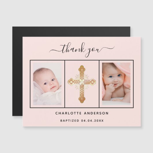 Baptisme meisje roze foto bedankt magneet magnetische uitnodiging (Voorkant / Achterkant)