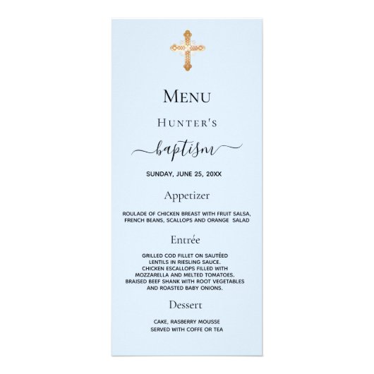 Baptisme Menu lichtblauw jongetje gouden kruis (Voorkant)