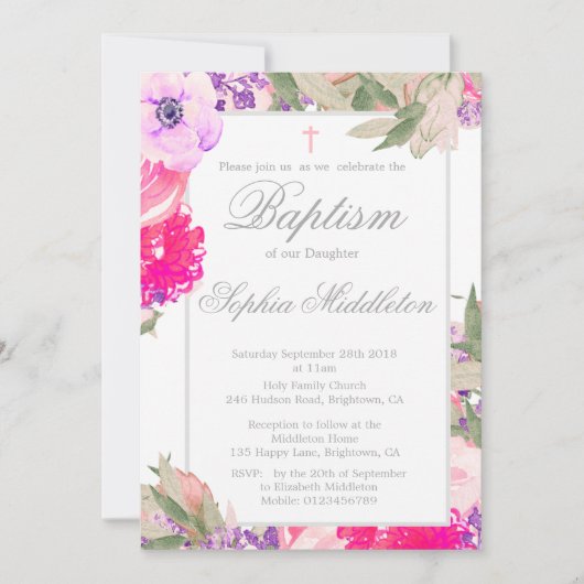 Baptisme of Christening Floral Rozen Invitation Kaart (Voorkant)