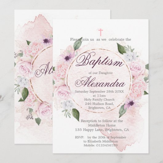 Baptisme of Christening Floral Rozen Wreator Kaart (Voorkant / Achterkant)