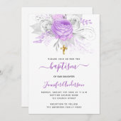 Baptisme paarse bloemenmeisje elegant wit kaart (Voorkant / Achterkant)
