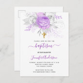 Baptisme paarse bloemenmeisje elegant wit uitnodiging briefkaart (Voorkant / Achterkant)