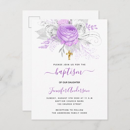 Baptisme paarse bloemenmeisje elegant wit uitnodiging briefkaart (Voorkant / Achterkant)