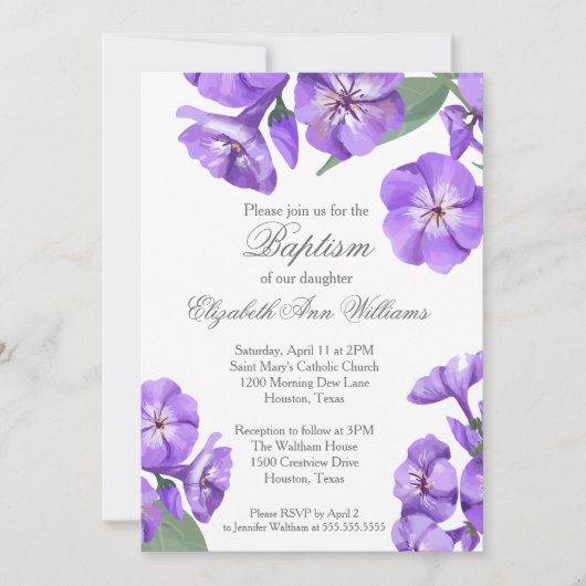 Baptisme Paarse Floral Waterverf  Uitnodiging (Voorkant)