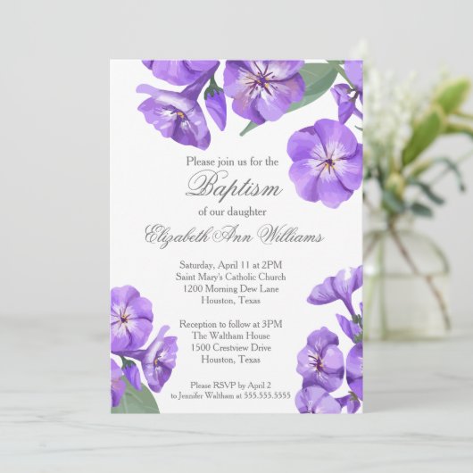 Baptisme Paarse Floral Waterverf  Uitnodiging (Staand voorkant)