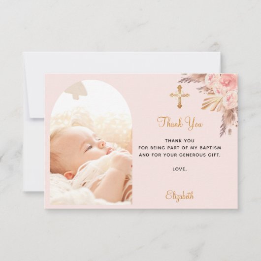 Baptisme pampas graarch foto zwarte roze bedankkaart (Voorkant)