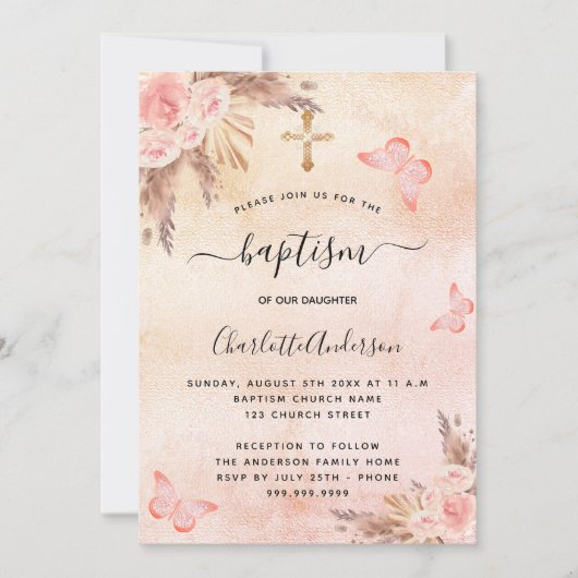 Baptisme pampas gras blush vlinderbloemen kaart (Voorkant)