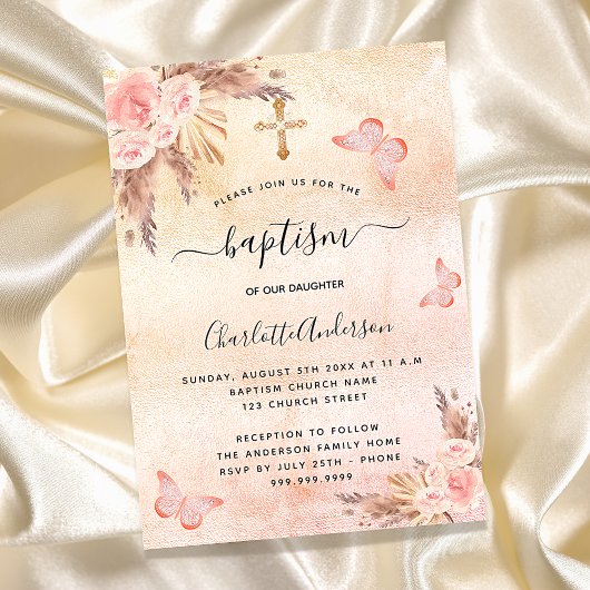 Baptisme pampas gras blush vlinderbloemen uitnodiging briefkaart