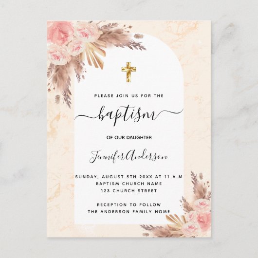 Baptisme pampas roos goudbruin roze marmer uitnodiging briefkaart (Voorkant)