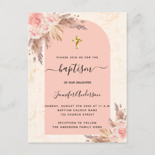 Baptisme pampas roos goudbruin roze marmer uitnodiging briefkaart