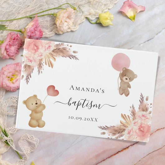 Baptisme pampas roos gouden teddybeer gastenboek