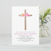 Baptisme Pastel Floral Pink Rose Cross Uitnodiging (Staand voorkant)