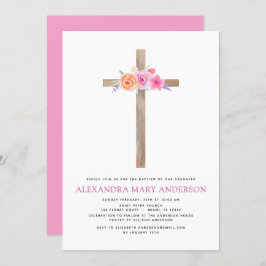 Baptisme Pastel Floral Pink Rose Cross Uitnodiging