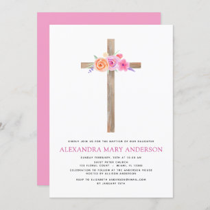 Baptisme Pastel Floral Pink Rose Cross Uitnodiging