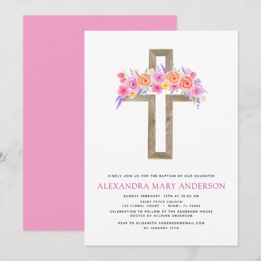 Baptisme Pastel Floral Pink Rose Cross Uitnodiging (Voorkant / Achterkant)