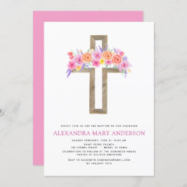Baptisme Pastel Floral Pink Rose Cross Uitnodiging