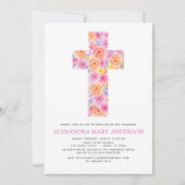 Baptisme Pastel Floral Pink Rose Cross Uitnodiging (Voorkant)