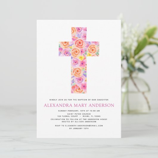 Baptisme Pastel Floral Pink Rose Cross Uitnodiging (Staand voorkant)